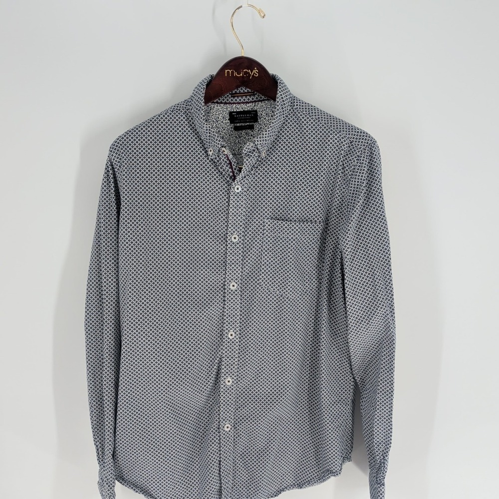 Cactus‎ Man Geometric Dot Long Sleeve Slim Fit Button Down Shirt Blue Size L